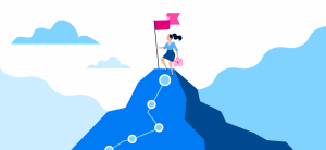 Illustration of a woman reaching the top of a mountain, representing a non-linear career journey with challenges, growth, and achievement over time.